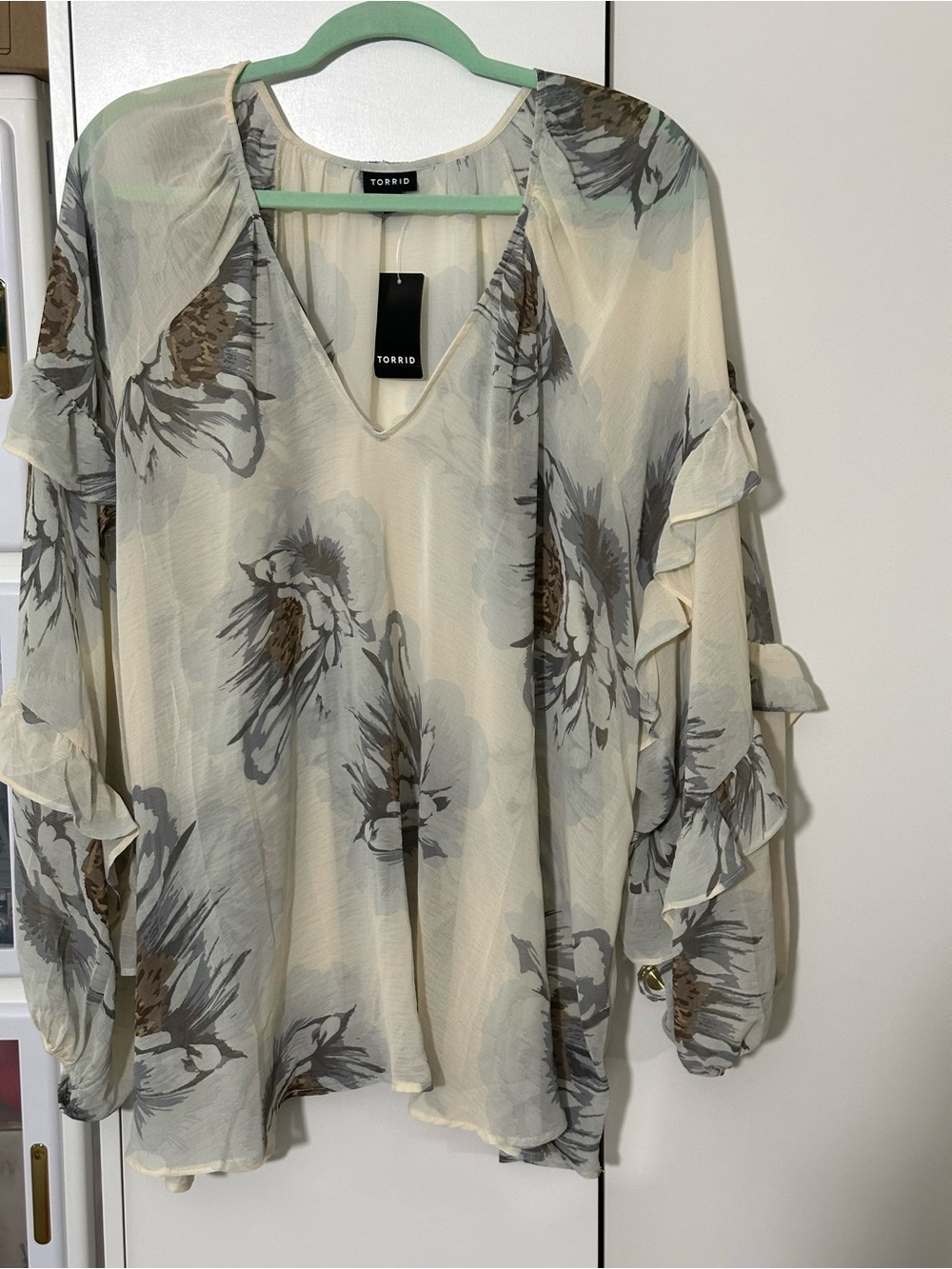 torrid Cream Floral V-Neck Ruffle Sleeve Blouse with Gray and Brown Print